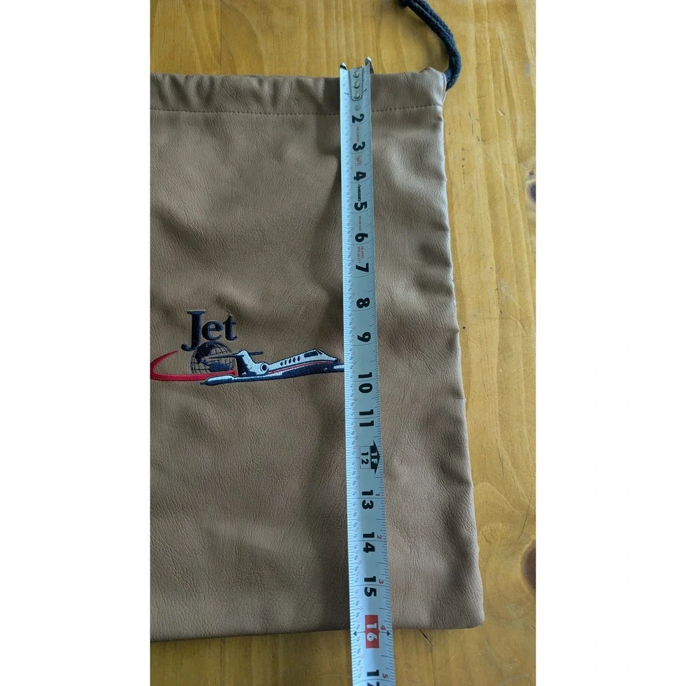 Rare Vintage Aviation Private Jet Embroidered Tan Leather Drawstring Pouch 16x12